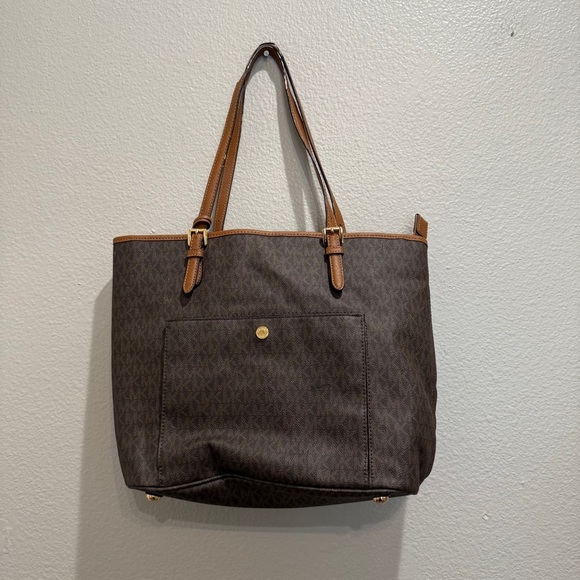 Michael Kors Tote Bag Monogram Large Brown Tan Pockets - Picture 3 of 9